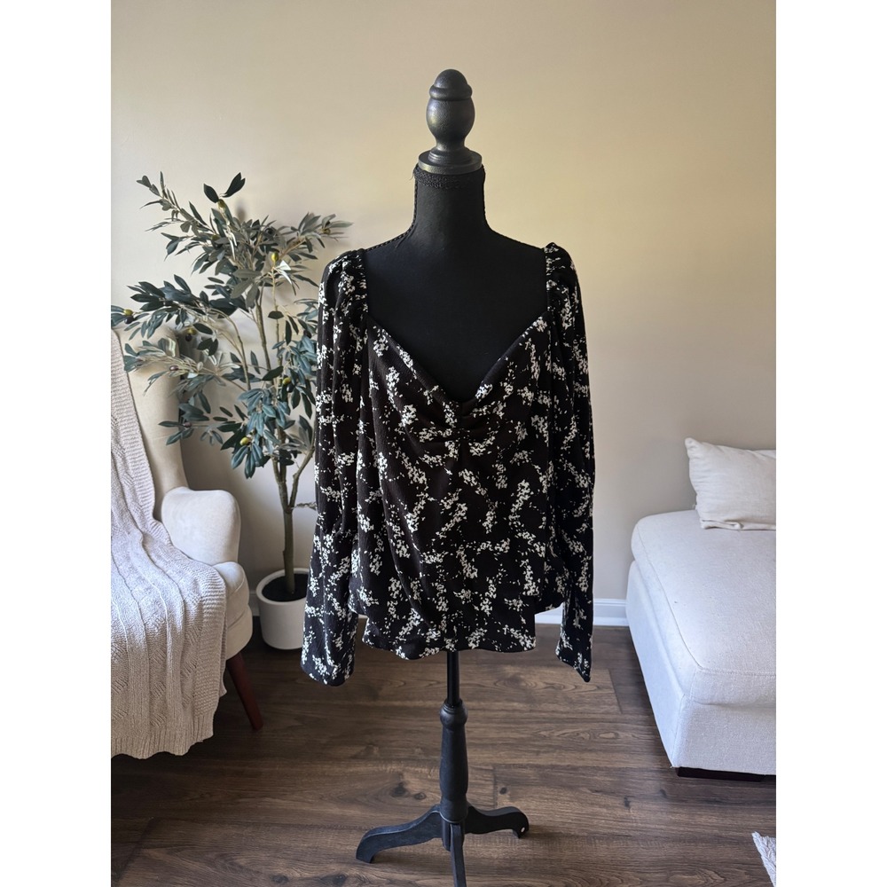 Anthropologie Black White Floral Draped Sweetheart Neck Blouse 3XL Long Sleeve